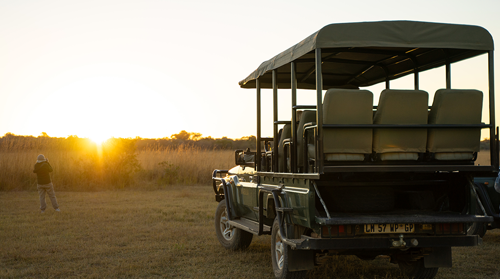 Sunset on safari with back of jeep in shot